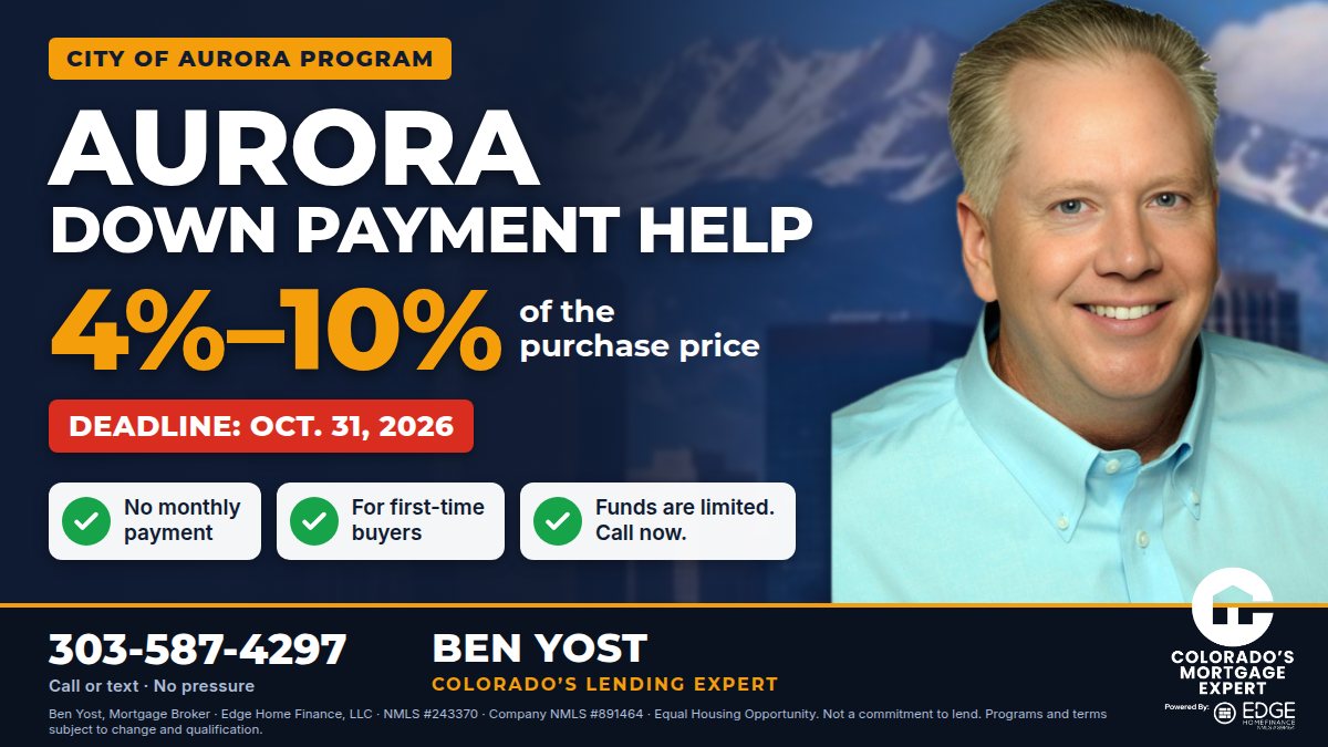 City of Aurora down payment help: 4% to 10% of the purchase price, deadline October 31, 2026. No monthly payment, for first-time buyers, funds are limited. Ben Yost, Colorado's Lending Expert, 303-587-4297.